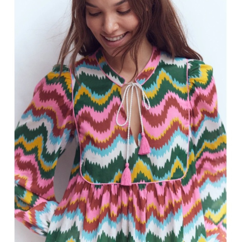 Boden Chevron Zigzag Maxi Dress Pink Green Yellow Tassel Tie US 8R NEW - Picture 1 of 13